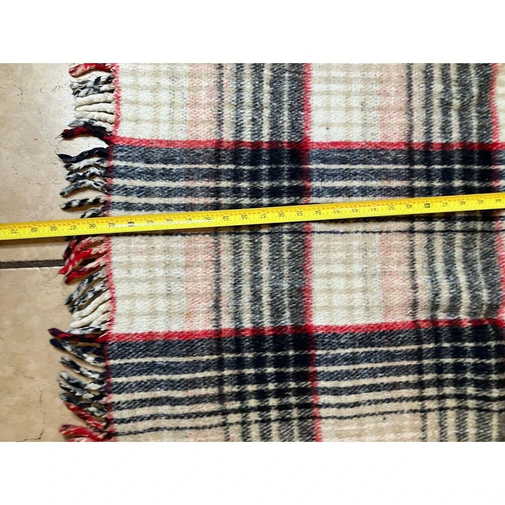 Pine Brooks Maroon Black White Plaid Reversible Fringe Blanket 59”x82” Vintage